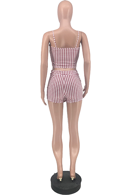 Euramerican Women Sexy Backless Plaid Divided Shirts Sets ZZS8376