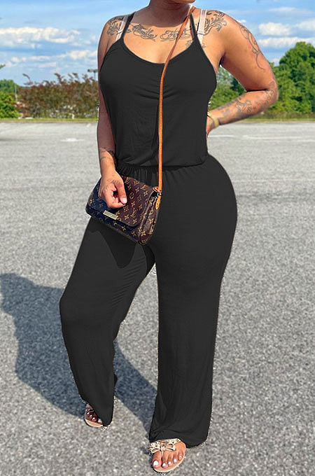 Euramerican Women Pure Color Cotton Casual Trendy Condole Belt Drawsting Wide Leg Jumpsuits MLM9066