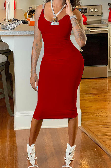Trendy Chain Tight Pure Color Round Neck Off Shoulder Midi Dress AA5244