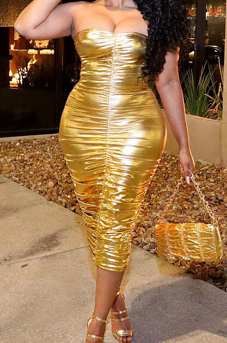 Euramerican A Word Shoulder Mosaic Gold Boob Tube Top Dress C3050 