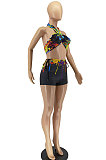 Women Fashion Splash-Ink Textile Printing Off Shoulder Backless Bind Shorts Sets AA5247