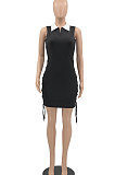 Club Women Eyelet Bandage Sexy Ribber Turn-Down Collar Sleeveless Mini Dress MLM9067
