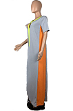 Euramerican Women Fashion Spliced Short Sleeve Long Dress OMM1057
