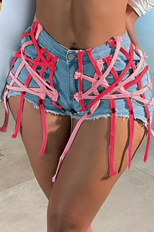 Criss-Cross Details Denim Casual Jeans Shorts XQ1117