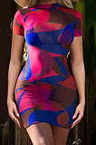 Sexy Net Yarn Printing Sand Beach Short Sleeve Mini Dress JP1040