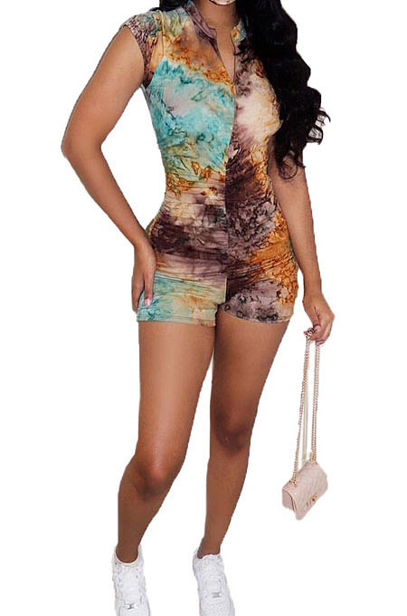 Trendy Sexy Ruffle Printing V Neck Cultivate One's Morality Zipper Romper Shorts BE8035