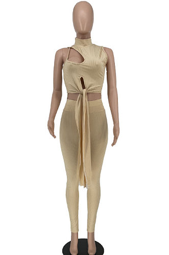 Hollow Out Knotted Strap Open Fork Pure Color Pit Bar Pants Sets BE8030