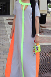 Euramerican Women Fashion Spliced Short Sleeve Long Dress OMM1057