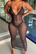Fashion Sexy Sling Fold Net Yarn Perspetive Dress NYF8060