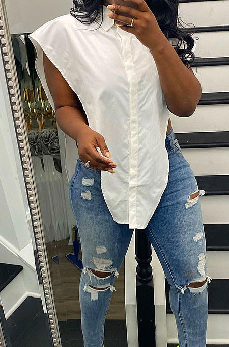 Sexy Button Triangle Pure Color T Shirts Q863