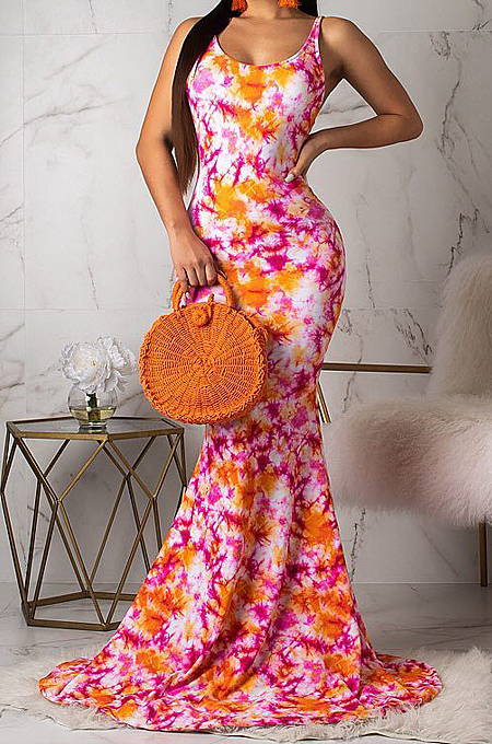 Euramerican Fashion Backless Print  Long Dress OMM1061 
