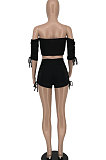A Word Shoulder Ruffle Drawsting Trendy Casual Shorts Sets BE8026