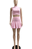 Casual Pure Color Small Stand Collar Zipper Sleeveless Pleated Skirt Two-Pieces JP1039