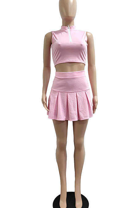 Casual Pure Color Small Stand Collar Zipper Sleeveless Pleated Skirt Two-Pieces JP1039
