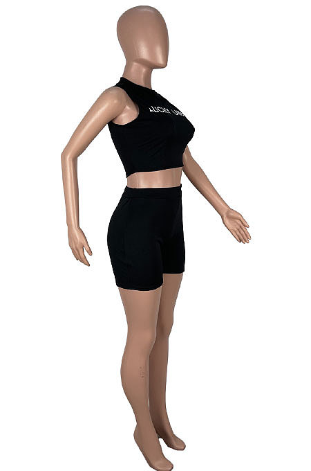 Pure Color Black White Letter Sleeveless Shorts Sets KXL834