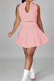 Casual Pure Color Small Stand Collar Zipper Sleeveless Pleated Skirt Two-Pieces JP1039