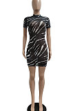 Sexy Net Yarn Printing Sand Beach Short Sleeve Mini Dress JP1040