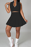 Casual Pure Color Small Stand Collar Zipper Sleeveless Pleated Skirt Two-Pieces JP1039