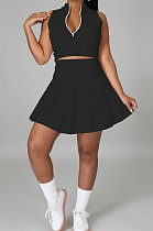 Casual Pure Color Small Stand Collar Zipper Sleeveless Pleated Skirt Two-Pieces JP1039