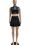 Casual Pure Color Small Stand Collar Zipper Sleeveless Pleated Skirt Two-Pieces JP1039
