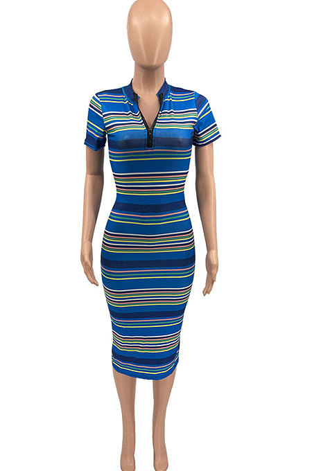 Contrast Color Stripe Printing Zipper Shorts Sleeve Pit Bar Midi Dress KXL835