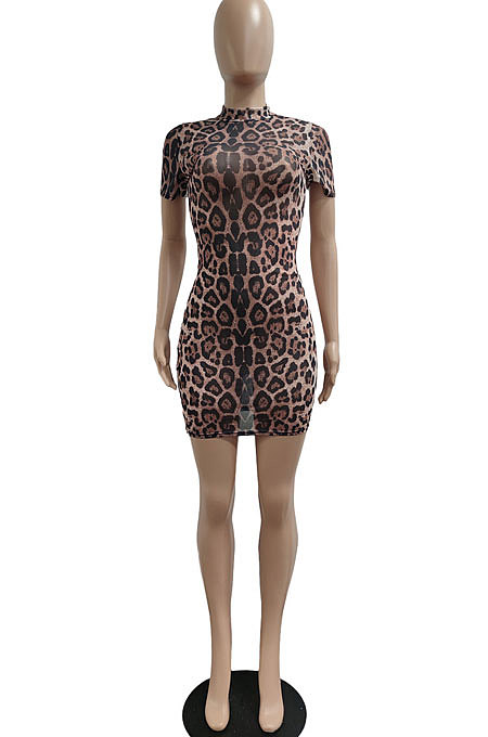 Sexy Net Yarn Printing Sand Beach Short Sleeve Mini Dress JP1040