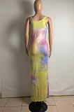 Fashion Women Tie Dye Print Vest Open Fork Dress OMM1063