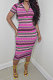 Contrast Color Stripe Printing Zipper Shorts Sleeve Pit Bar Midi Dress KXL835