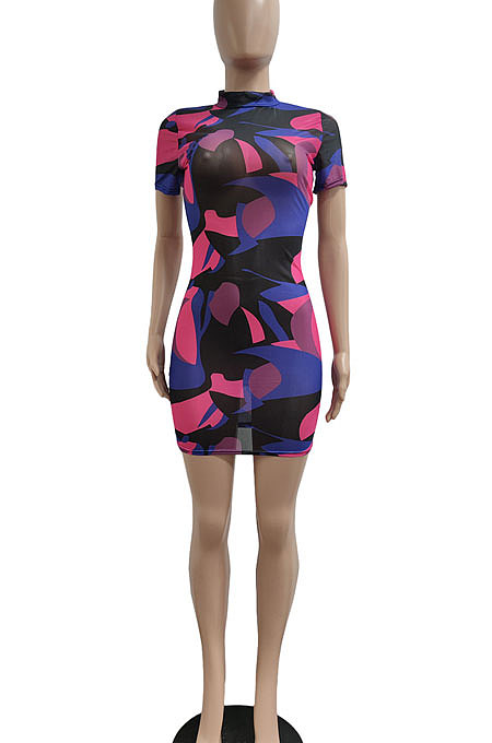 Sexy Net Yarn Printing Sand Beach Short Sleeve Mini Dress JP1040