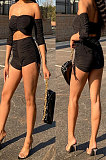 A Word Shoulder Ruffle Drawsting Trendy Casual Shorts Sets BE8026