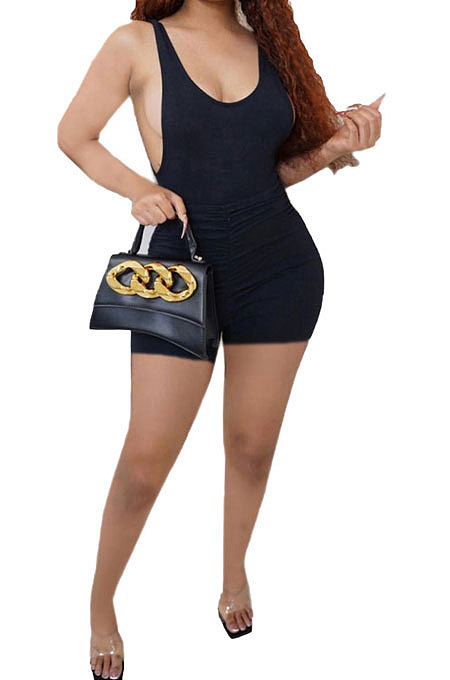 Sexy Ruffle Deep U Backless Cultivate One's Morality Romper Shorts BE8040