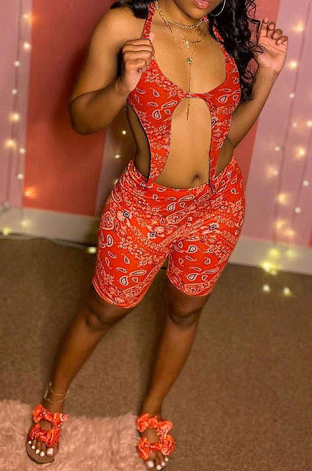 Sexy Halter Neck Backless Printing Shorts Sets BE8029