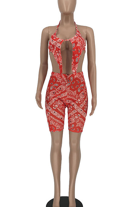 Sexy Halter Neck Backless Printing Shorts Sets BE8029
