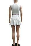 Casual Pure Color Small Stand Collar Zipper Sleeveless Pleated Skirt Two-Pieces JP1039