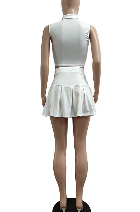 Casual Pure Color Small Stand Collar Zipper Sleeveless Pleated Skirt Two-Pieces JP1039