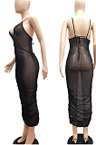 Fashion Sexy Sling Fold Net Yarn Perspetive Dress NYF8060