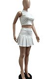 Casual Pure Color Small Stand Collar Zipper Sleeveless Pleated Skirt Two-Pieces JP1039