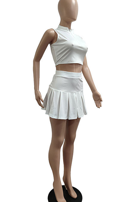 Casual Pure Color Small Stand Collar Zipper Sleeveless Pleated Skirt Two-Pieces JP1039