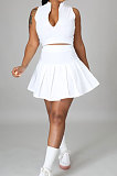 Casual Pure Color Small Stand Collar Zipper Sleeveless Pleated Skirt Two-Pieces JP1039