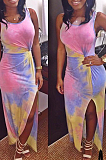 Fashion Women Tie Dye Print Vest Open Fork Dress OMM1063