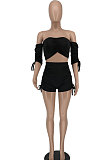A Word Shoulder Ruffle Drawsting Trendy Casual Shorts Sets BE8026