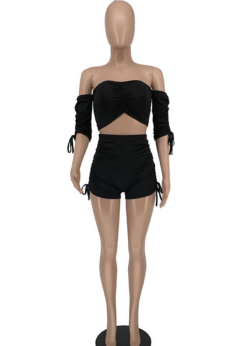 A Word Shoulder Ruffle Drawsting Trendy Casual Shorts Sets BE8026
