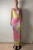 Fashion Women Tie Dye Print Vest Open Fork Dress OMM1063