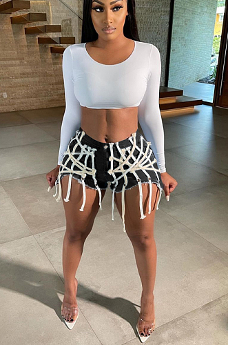 Criss-Cross Details Denim Casual Jeans Shorts XQ1117