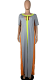 Euramerican Women Fashion Spliced Short Sleeve Long Dress OMM1057