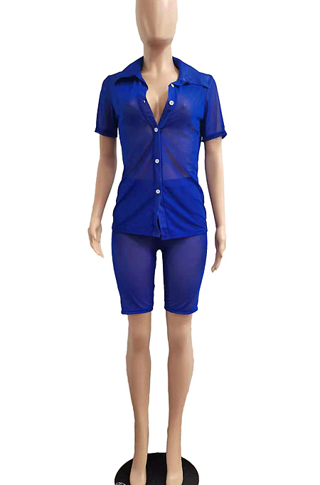 Fashion Sexy Net Yarn Shirt Shorts Casual Two-Piece NYF8058