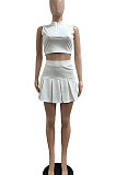 Casual Pure Color Small Stand Collar Zipper Sleeveless Pleated Skirt Two-Pieces JP1039