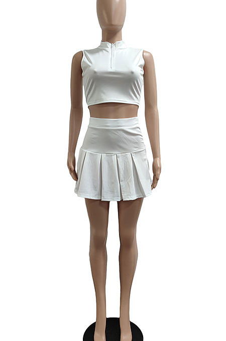 Casual Pure Color Small Stand Collar Zipper Sleeveless Pleated Skirt Two-Pieces JP1039