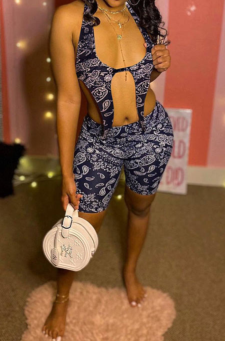 Sexy Halter Neck Backless Printing Shorts Sets BE8029