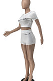 Pure Color Letter Embroidered Short Sleeve Shorts Sets BE8028